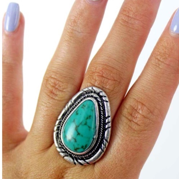 Western Tribal Turquoise Tear Drop Adjustable Cuff Ring - Picture 1 of 3